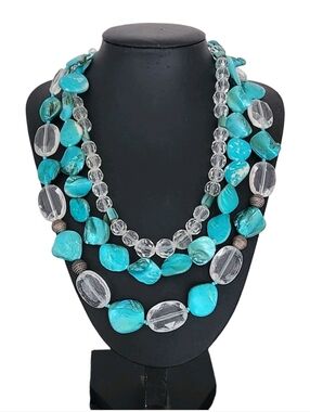 Triple Strand Dyed Mother of Pearl Necklace Turquoise Shell Clear Beads 21"